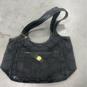 Coach Black Signature Canvas Shoulder Bag with Gold Accent